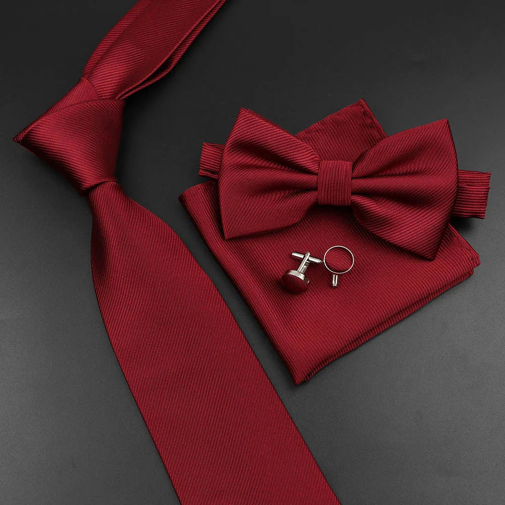 New Men's Tie Bowtie Set Luxury Business Worker Blue Black Solid Color Silk Polyester Jacquard Woven Necktie Suit Wedding Party