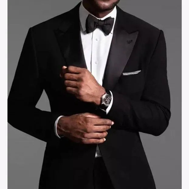 One Button Men Suits Silver and Black Groom Tuxedos Peak Satin Lapel Groomsmen Wedding Best Man ( Jacket+Pants+Bow Tie ) C686