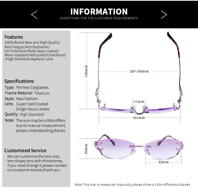 Luxury Rimless Reading Glasses Titanium Women Readers Eyeglasses Diopter Frameless Diamond Cutting Ti Presbyopic Hyperopia