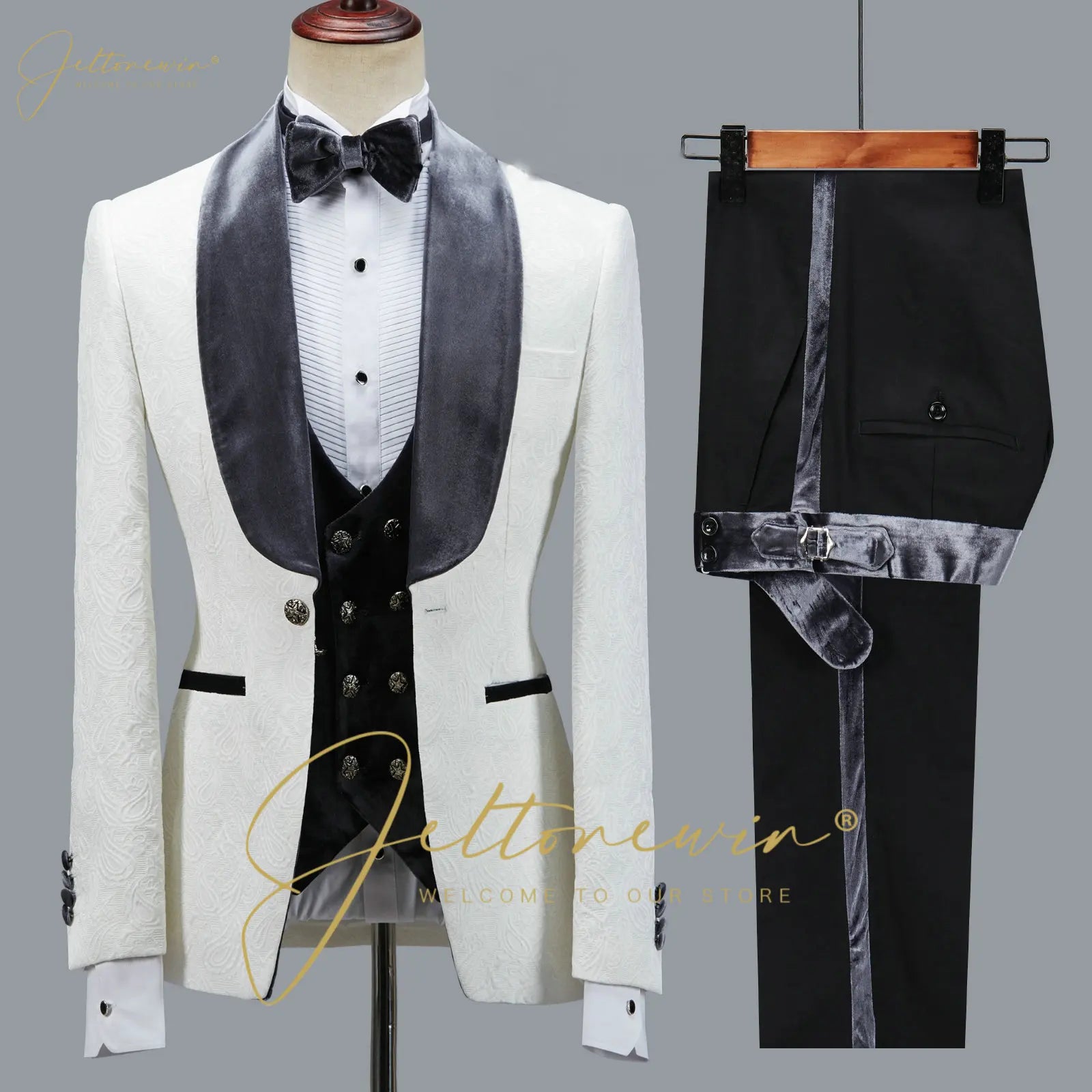Fashion Designs Men Suits Groomsman Black Floral Jacket Burgundy Velvet Lapel Formal Groom Wear Wedding Party Dress Prom Tuxedos