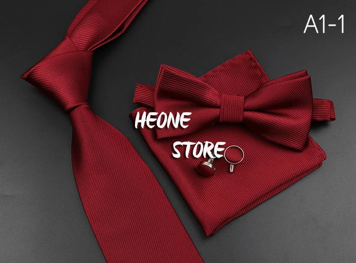 New Men's Tie Bowtie Set Luxury Business Worker Blue Black Solid Color Silk Polyester Jacquard Woven Necktie Suit Wedding Party