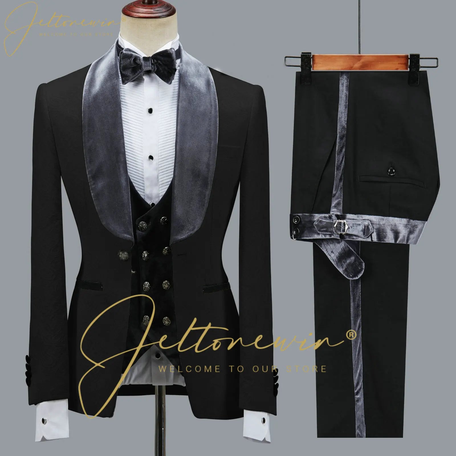 Fashion Designs Men Suits Groomsman Black Floral Jacket Burgundy Velvet Lapel Formal Groom Wear Wedding Party Dress Prom Tuxedos