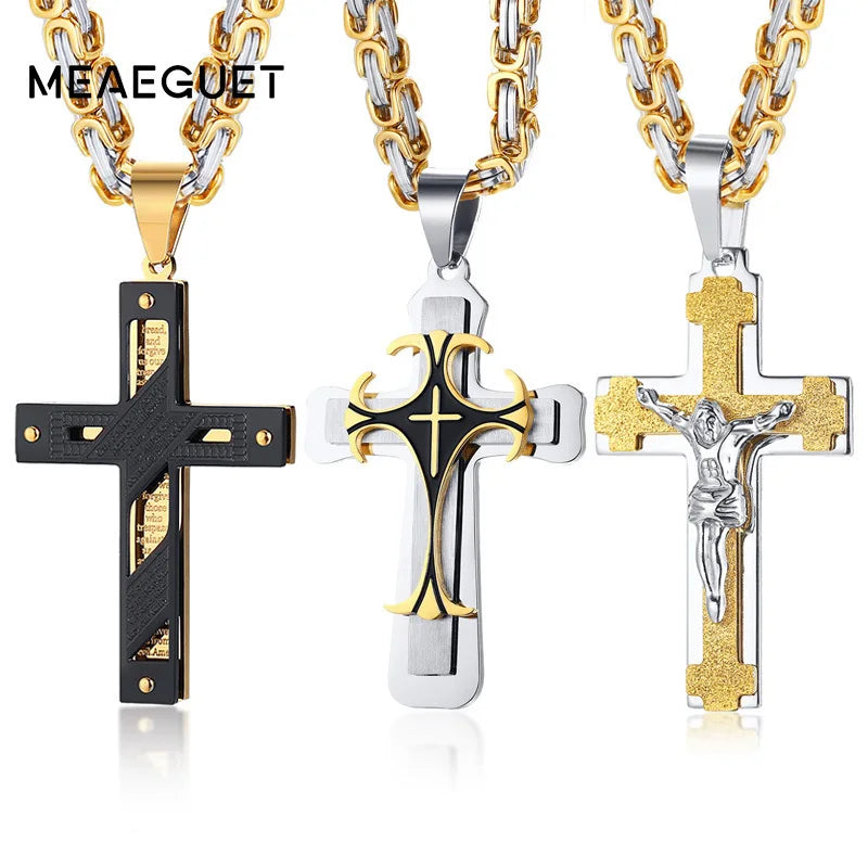 Crucifixo Cross Necklace Men Stainless Steel 24" Byzantine Chain Male Necklaces Pendants