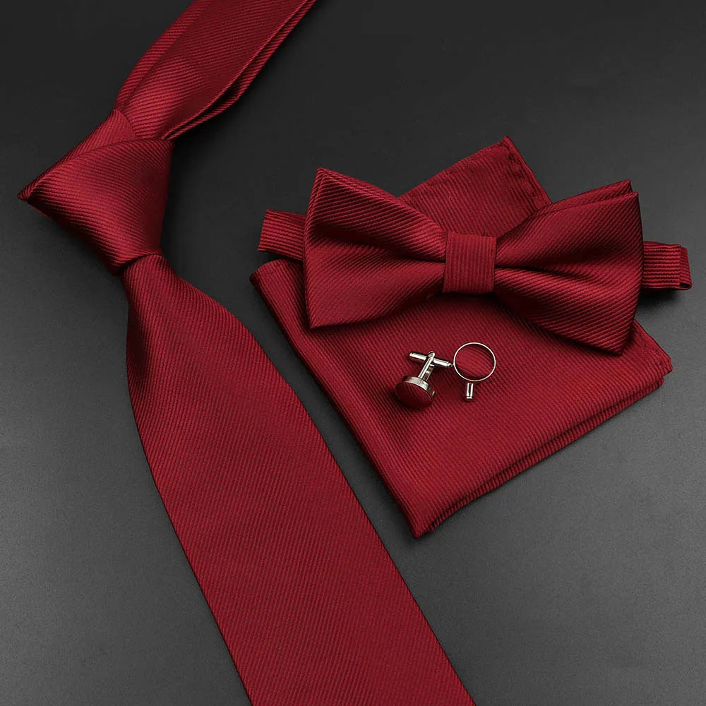 New Men's Tie Bowtie Set Luxury Business Worker Blue Black Solid Color Silk Polyester Jacquard Woven Necktie Suit Wedding Party
