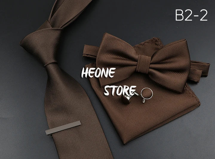 New Men's Tie Bowtie Set Luxury Business Worker Blue Black Solid Color Silk Polyester Jacquard Woven Necktie Suit Wedding Party
