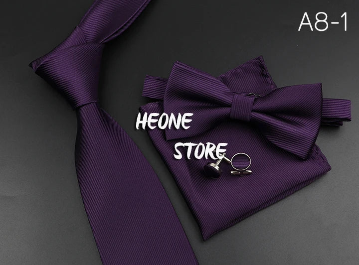 New Men's Tie Bowtie Set Luxury Business Worker Blue Black Solid Color Silk Polyester Jacquard Woven Necktie Suit Wedding Party