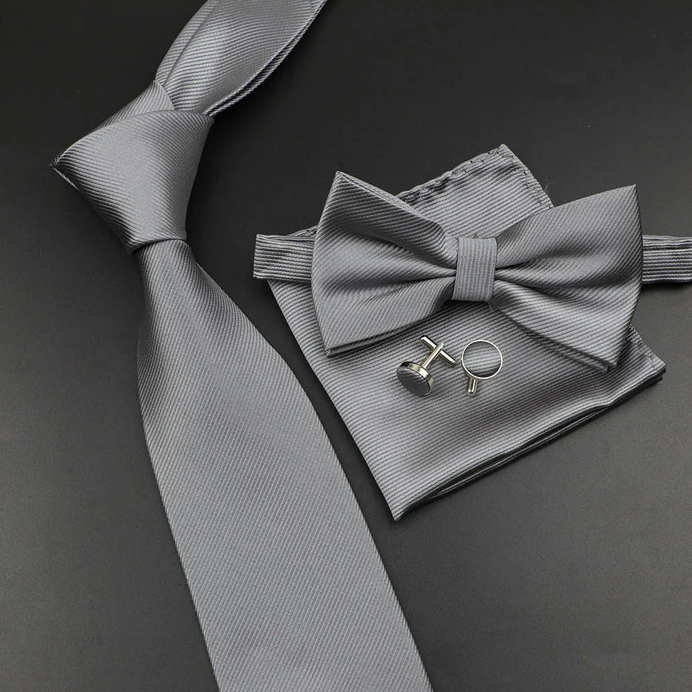 New Men's Tie Bowtie Set Luxury Business Worker Blue Black Solid Color Silk Polyester Jacquard Woven Necktie Suit Wedding Party