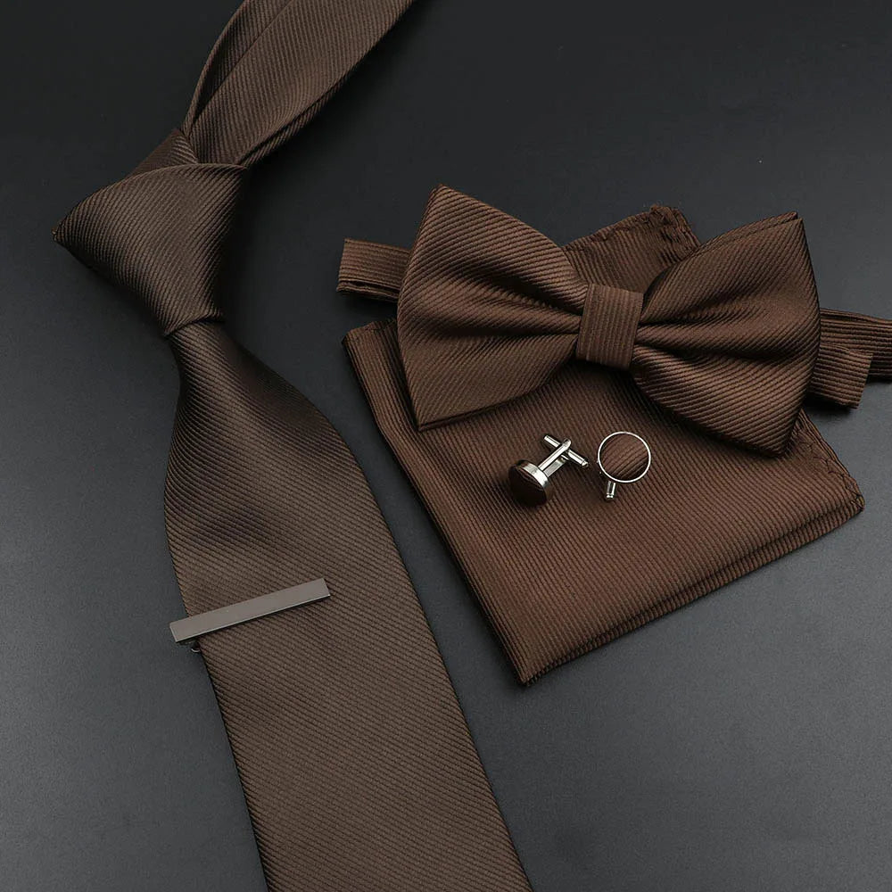 New Men's Tie Bowtie Set Luxury Business Worker Blue Black Solid Color Silk Polyester Jacquard Woven Necktie Suit Wedding Party