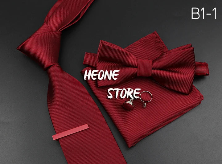 New Men's Tie Bowtie Set Luxury Business Worker Blue Black Solid Color Silk Polyester Jacquard Woven Necktie Suit Wedding Party