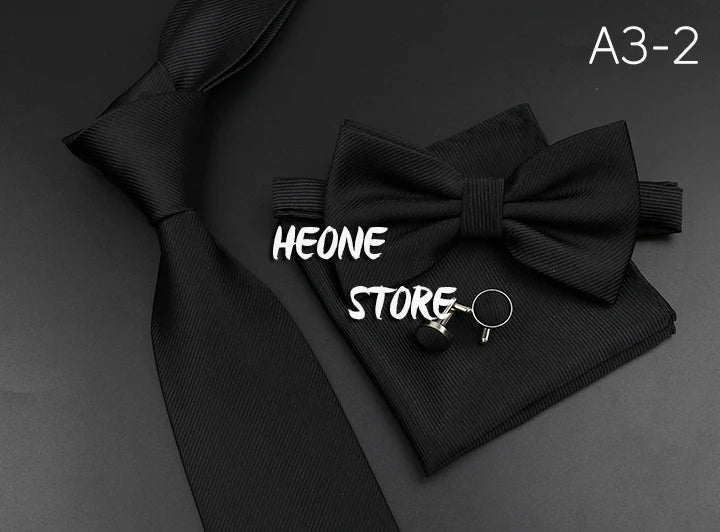 New Men's Tie Bowtie Set Luxury Business Worker Blue Black Solid Color Silk Polyester Jacquard Woven Necktie Suit Wedding Party