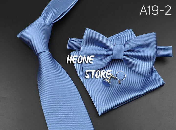 New Men's Tie Bowtie Set Luxury Business Worker Blue Black Solid Color Silk Polyester Jacquard Woven Necktie Suit Wedding Party