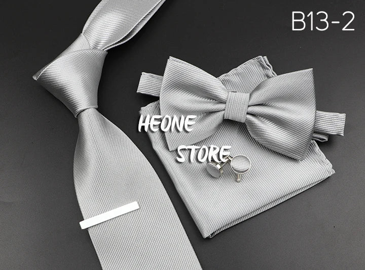New Men's Tie Bowtie Set Luxury Business Worker Blue Black Solid Color Silk Polyester Jacquard Woven Necktie Suit Wedding Party