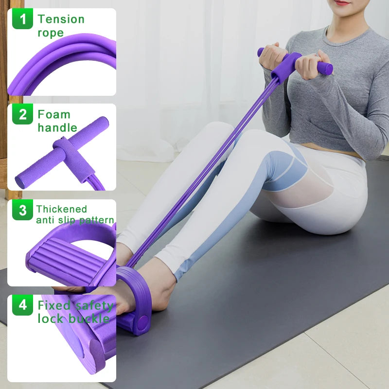4 Tube Quality TPE Fitness Elastic Exercise Bands Home Workout Sport Equipment with Foot Pedal Resistance for Yoga