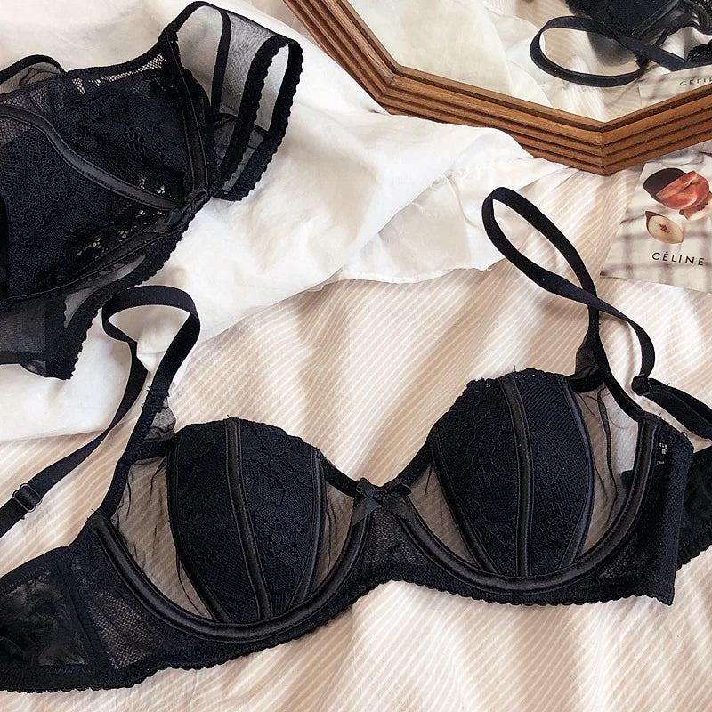 Big Size BCD Cup Translucent Sexy Cotton Thin Half Cup Lingerie Bra And Panty Sets Push Up Adjustable Summer Women Underwear