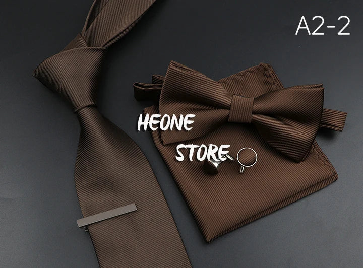 New Men's Tie Bowtie Set Luxury Business Worker Blue Black Solid Color Silk Polyester Jacquard Woven Necktie Suit Wedding Party