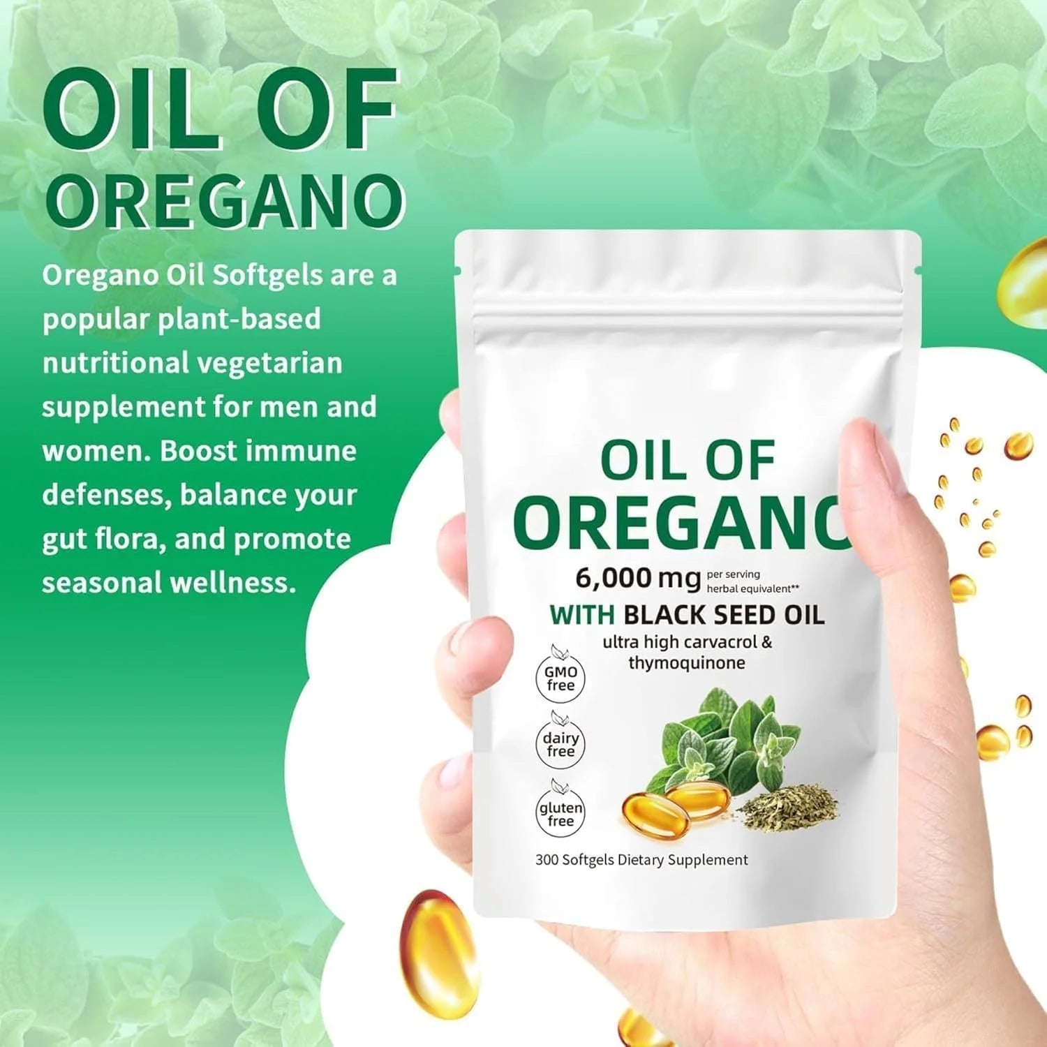 Fast OEM GMP Factory 300 Capsules Premium Oil of Oregano Supplements with 6000mg Black Seed Oil of Oregano Capsules