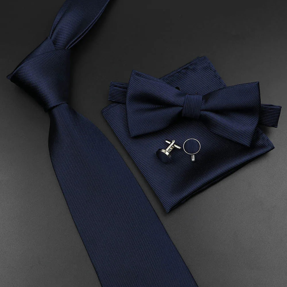 New Men's Tie Bowtie Set Luxury Business Worker Blue Black Solid Color Silk Polyester Jacquard Woven Necktie Suit Wedding Party