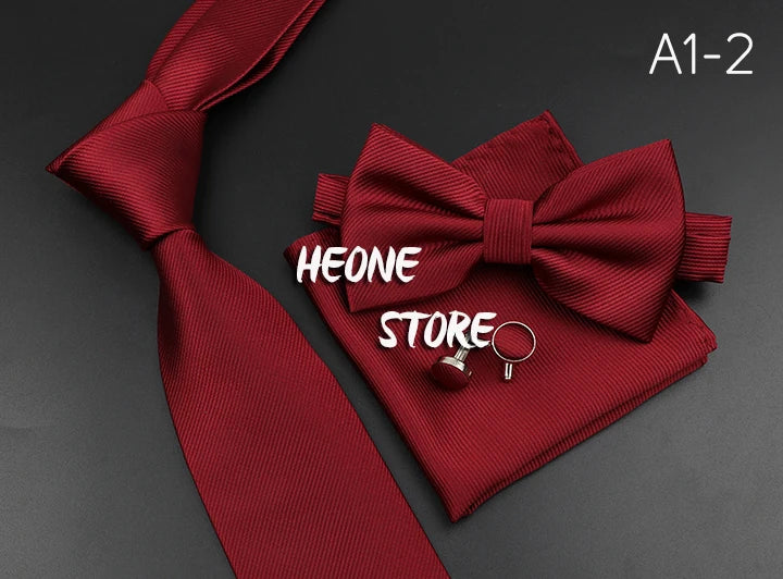 New Men's Tie Bowtie Set Luxury Business Worker Blue Black Solid Color Silk Polyester Jacquard Woven Necktie Suit Wedding Party