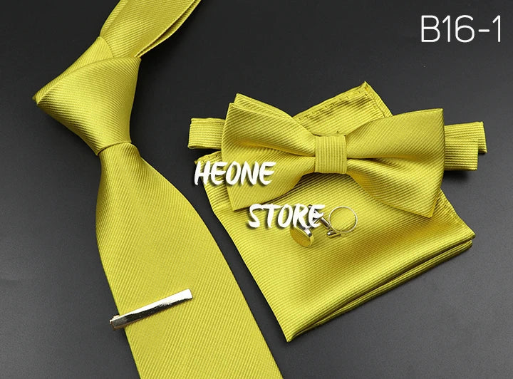 New Men's Tie Bowtie Set Luxury Business Worker Blue Black Solid Color Silk Polyester Jacquard Woven Necktie Suit Wedding Party