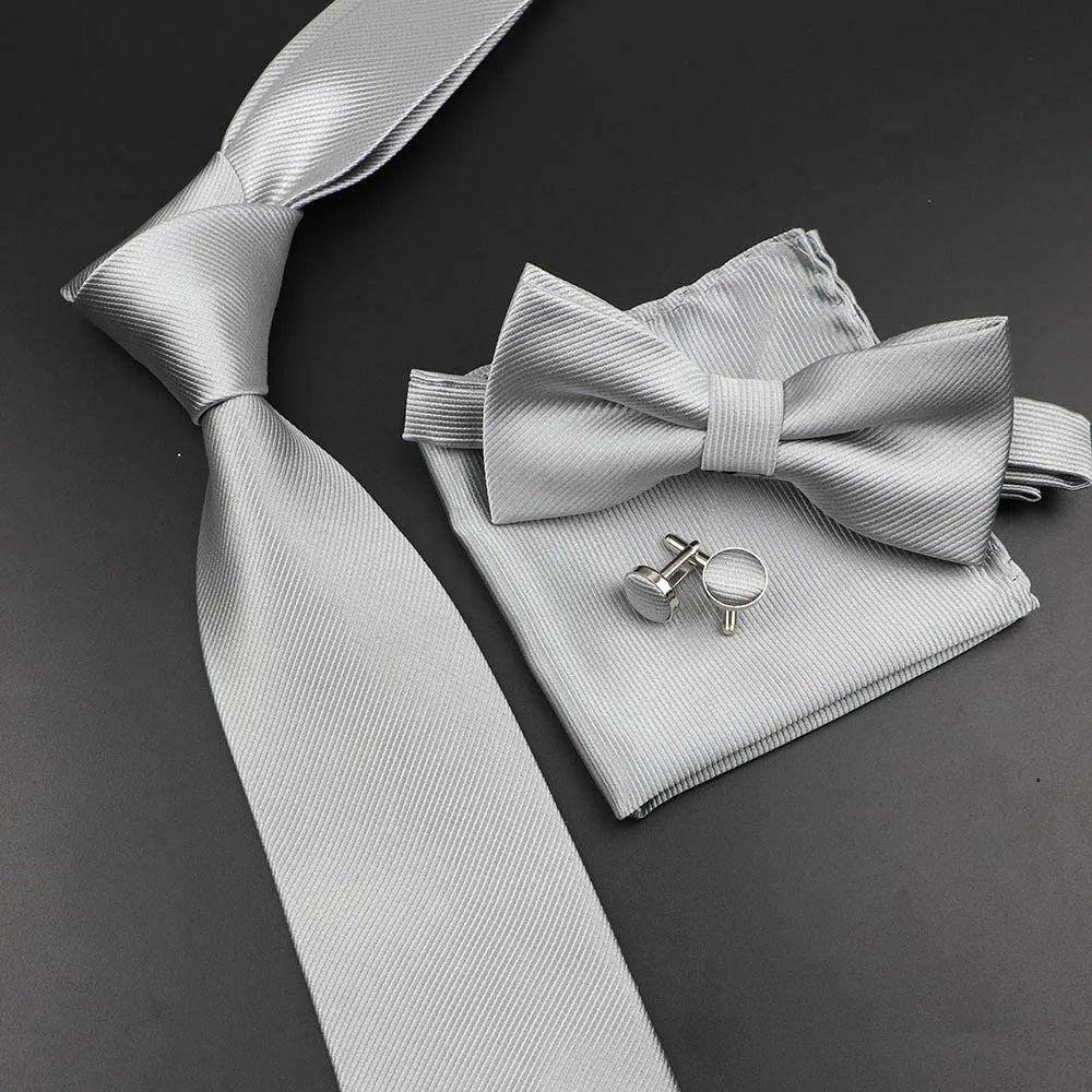 New Men's Tie Bowtie Set Luxury Business Worker Blue Black Solid Color Silk Polyester Jacquard Woven Necktie Suit Wedding Party