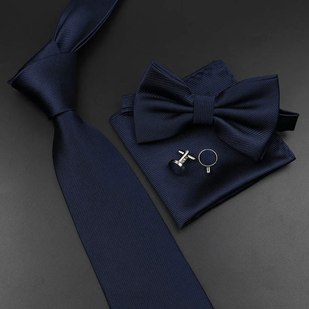 New Men's Tie Bowtie Set Luxury Business Worker Blue Black Solid Color Silk Polyester Jacquard Woven Necktie Suit Wedding Party