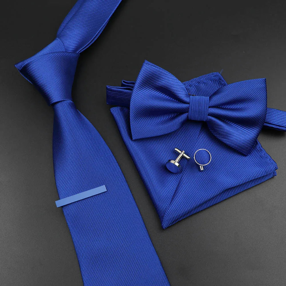 New Men's Tie Bowtie Set Luxury Business Worker Blue Black Solid Color Silk Polyester Jacquard Woven Necktie Suit Wedding Party
