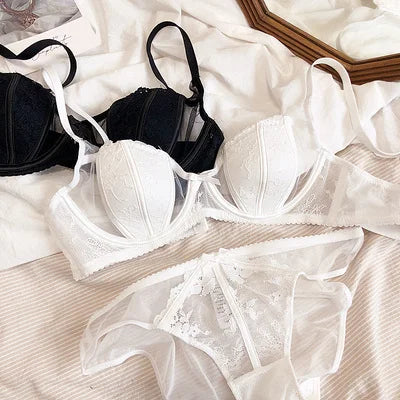 Big Size BCD Cup Translucent Sexy Cotton Thin Half Cup Lingerie Bra And Panty Sets Push Up Adjustable Summer Women Underwear