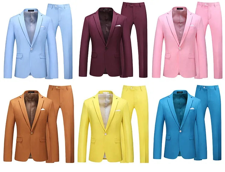 Men's Suit Jacket with Pant Slim Fit Formal Clothing Business Work Wedding Tuxedo Set Blazer Trousers White Pink Red Suits Man