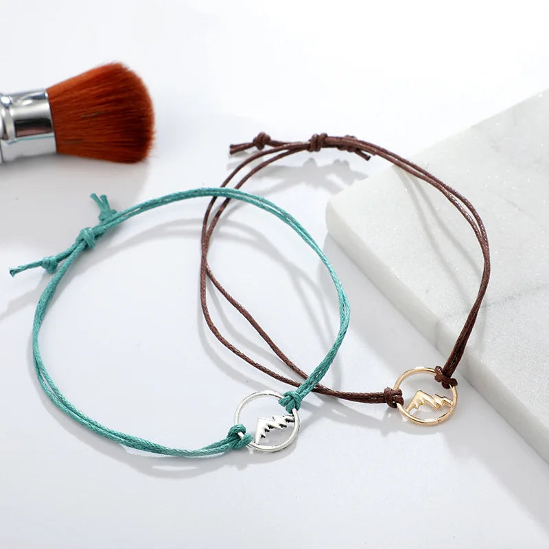 4PCs/Set Bohemian Style Geometric Cord Rope Colorful Hollow Tree Mountain Charm Circle Bracelet Unisex Party Jewelry