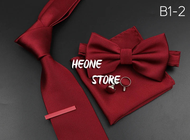 New Men's Tie Bowtie Set Luxury Business Worker Blue Black Solid Color Silk Polyester Jacquard Woven Necktie Suit Wedding Party
