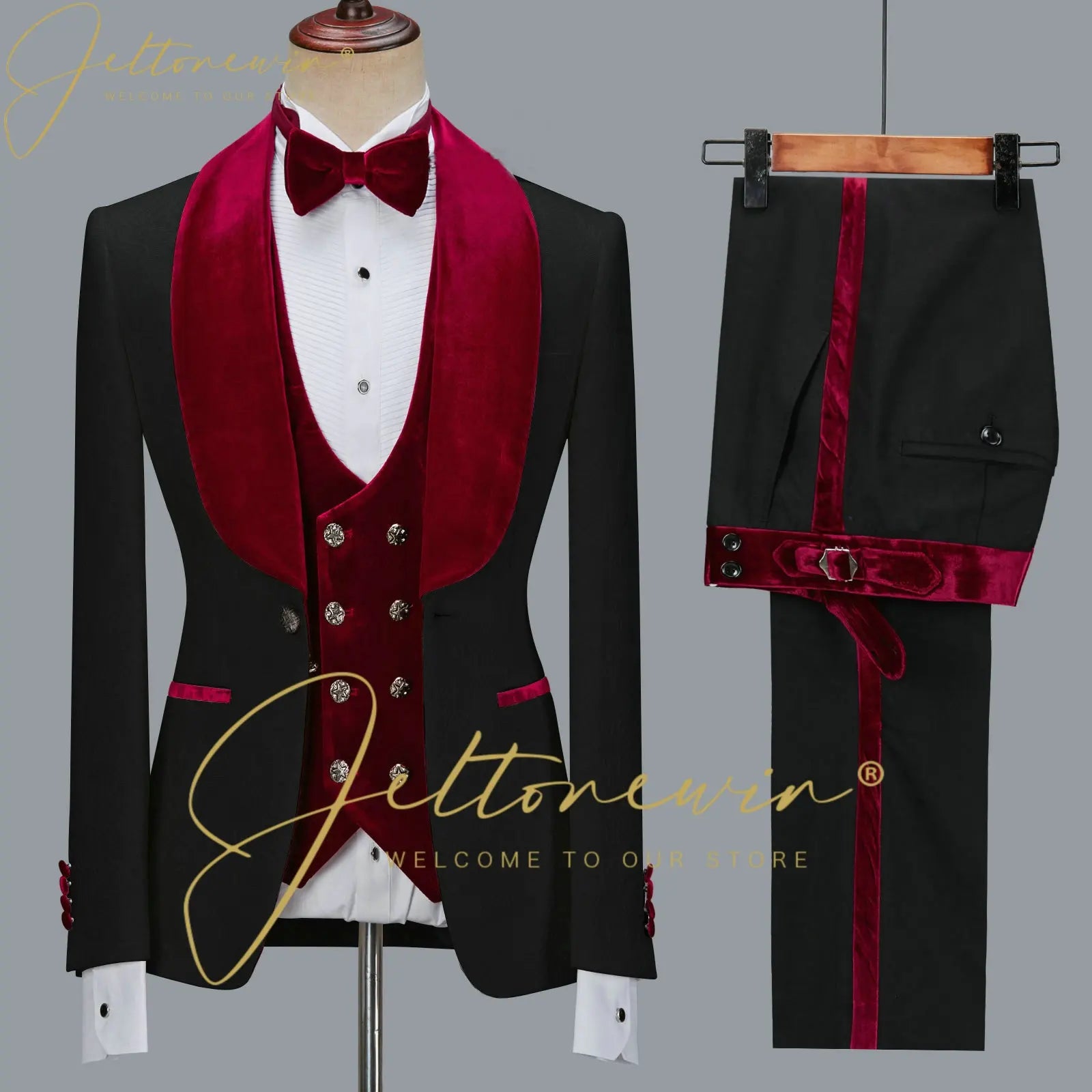 Fashion Designs Men Suits Groomsman Black Floral Jacket Burgundy Velvet Lapel Formal Groom Wear Wedding Party Dress Prom Tuxedos
