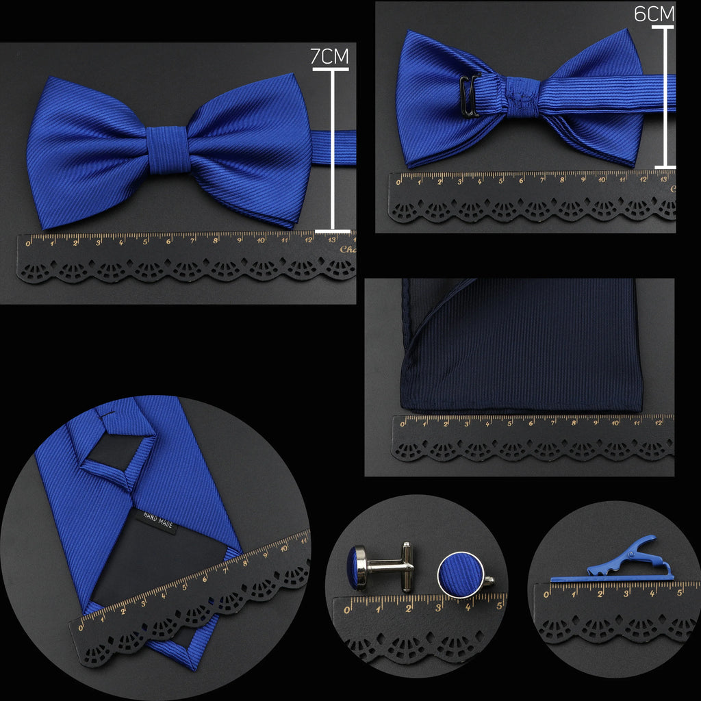 New Men's Tie Bowtie Set Luxury Business Worker Blue Black Solid Color Silk Polyester Jacquard Woven Necktie Suit Wedding Party