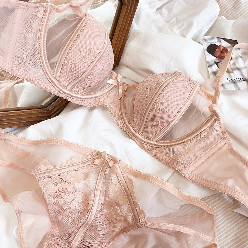 Big Size BCD Cup Translucent Sexy Cotton Thin Half Cup Lingerie Bra And Panty Sets Push Up Adjustable Summer Women Underwear