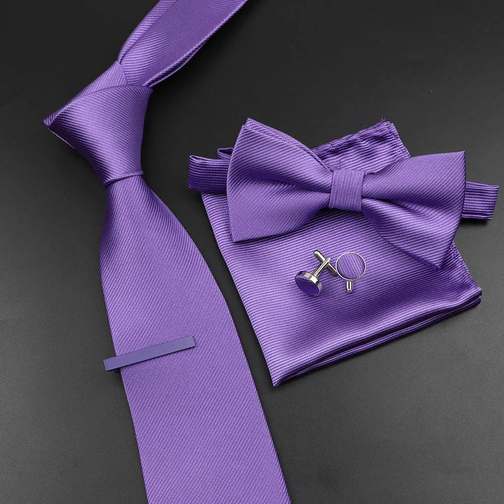 New Men's Tie Bowtie Set Luxury Business Worker Blue Black Solid Color Silk Polyester Jacquard Woven Necktie Suit Wedding Party