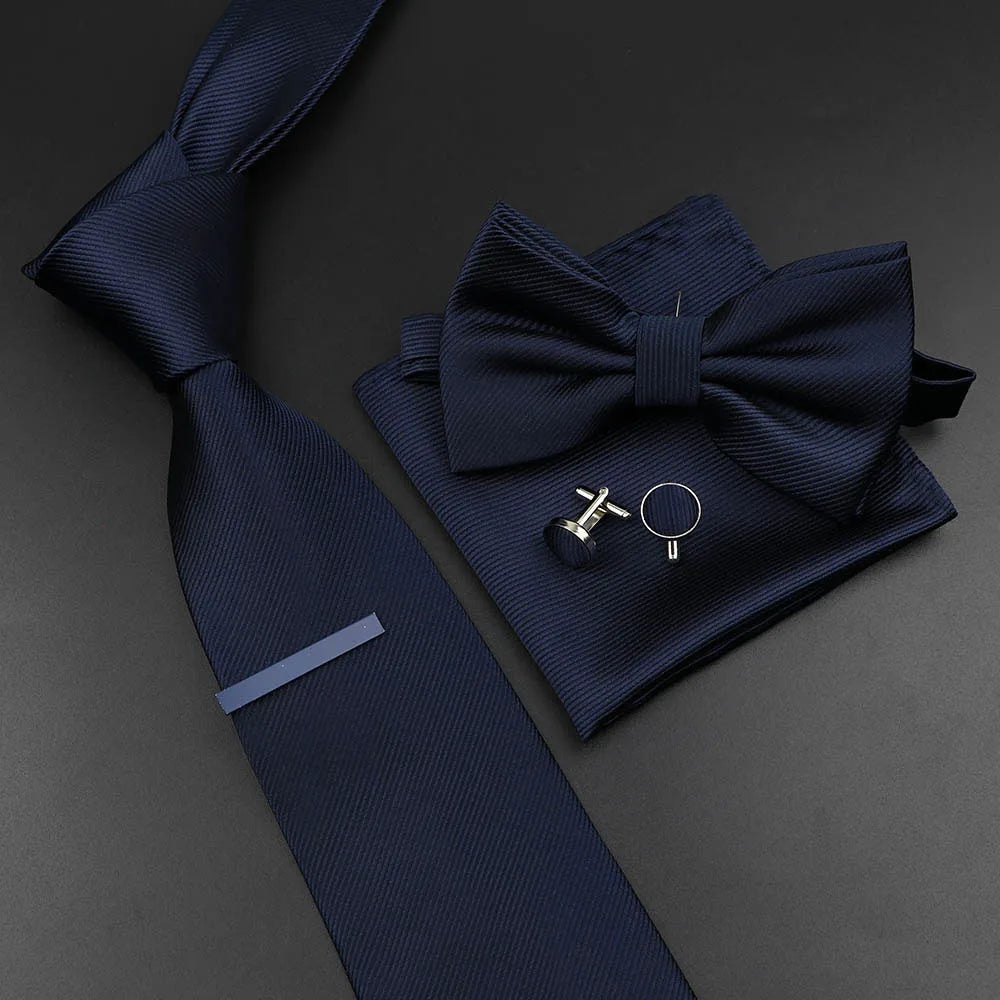 New Men's Tie Bowtie Set Luxury Business Worker Blue Black Solid Color Silk Polyester Jacquard Woven Necktie Suit Wedding Party