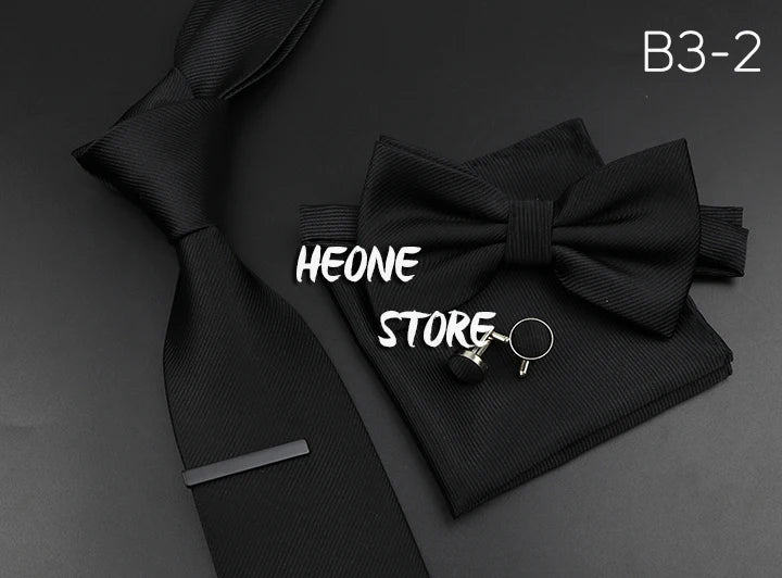 New Men's Tie Bowtie Set Luxury Business Worker Blue Black Solid Color Silk Polyester Jacquard Woven Necktie Suit Wedding Party