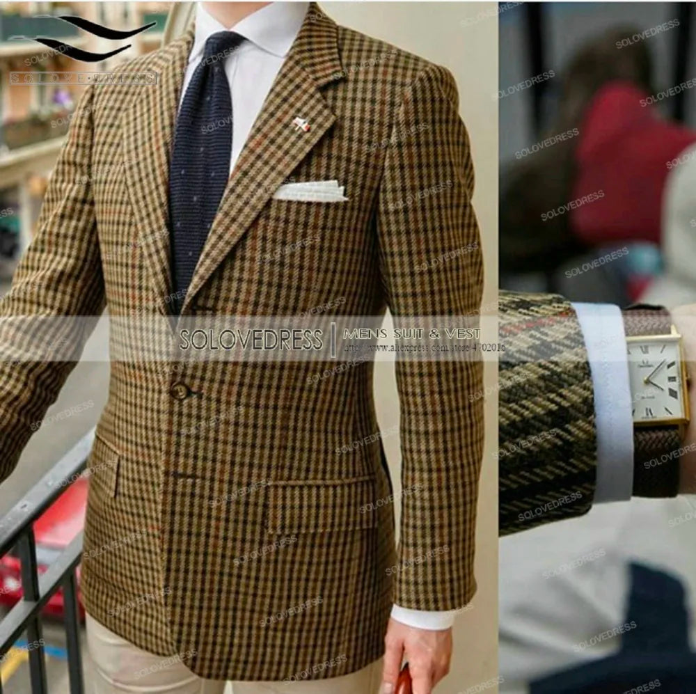 Formal Men's Suits Regular Fit Plaid Wool Tweed Prom Army Green Tuxedos Solid Business Brown Suits for Wedding Grooms Best Man