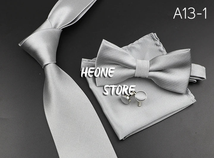 New Men's Tie Bowtie Set Luxury Business Worker Blue Black Solid Color Silk Polyester Jacquard Woven Necktie Suit Wedding Party