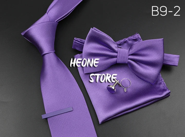 New Men's Tie Bowtie Set Luxury Business Worker Blue Black Solid Color Silk Polyester Jacquard Woven Necktie Suit Wedding Party