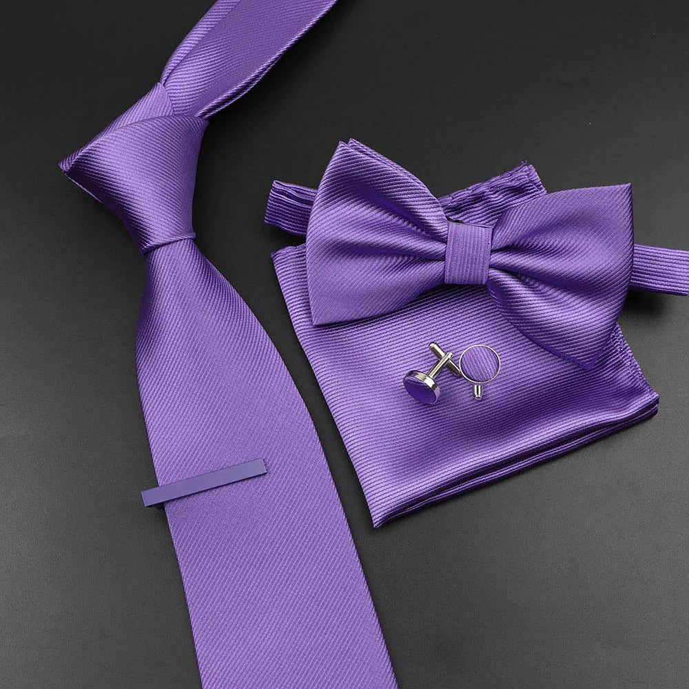 New Men's Tie Bowtie Set Luxury Business Worker Blue Black Solid Color Silk Polyester Jacquard Woven Necktie Suit Wedding Party