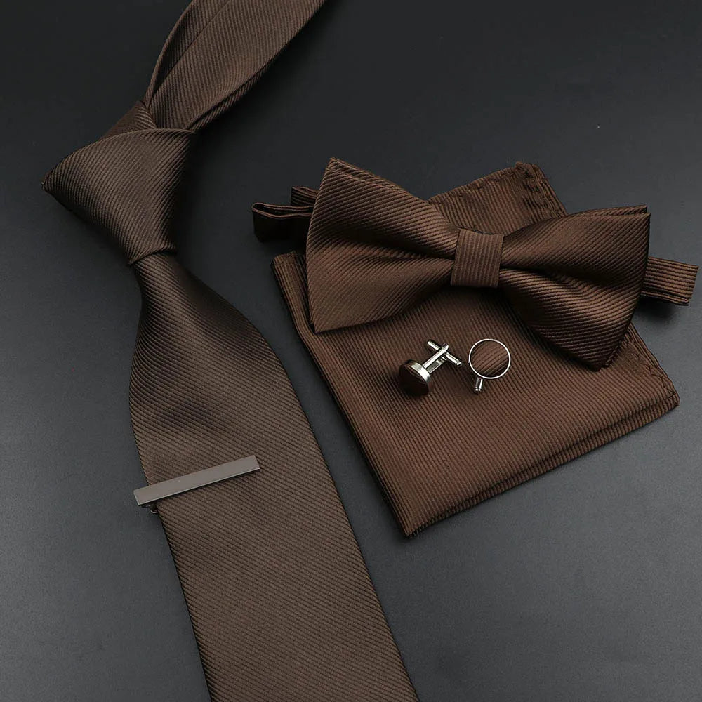 New Men's Tie Bowtie Set Luxury Business Worker Blue Black Solid Color Silk Polyester Jacquard Woven Necktie Suit Wedding Party