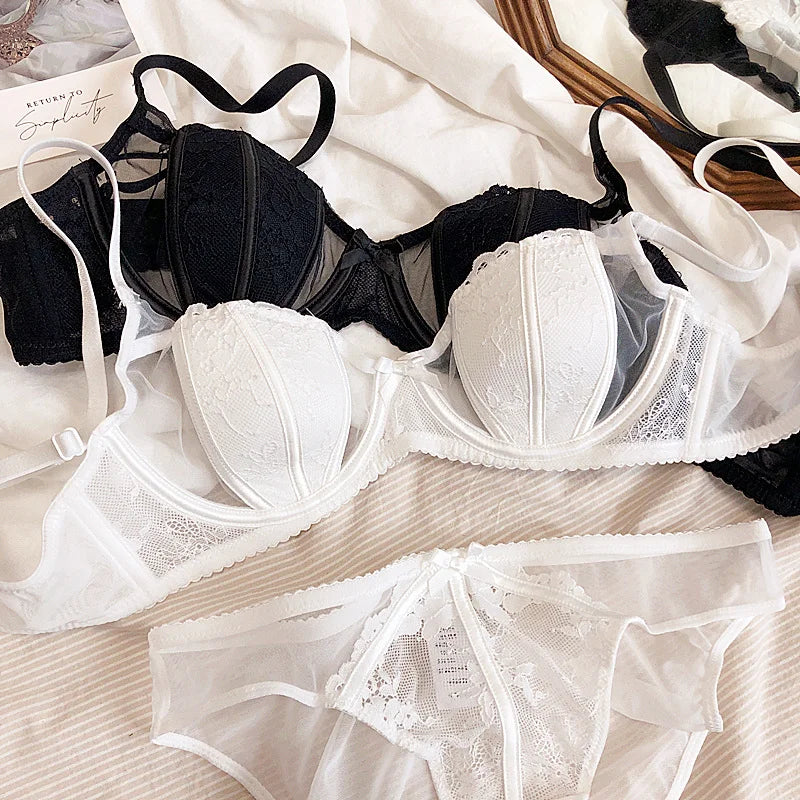 Big Size BCD Cup Translucent Sexy Cotton Thin Half Cup Lingerie Bra And Panty Sets Push Up Adjustable Summer Women Underwear