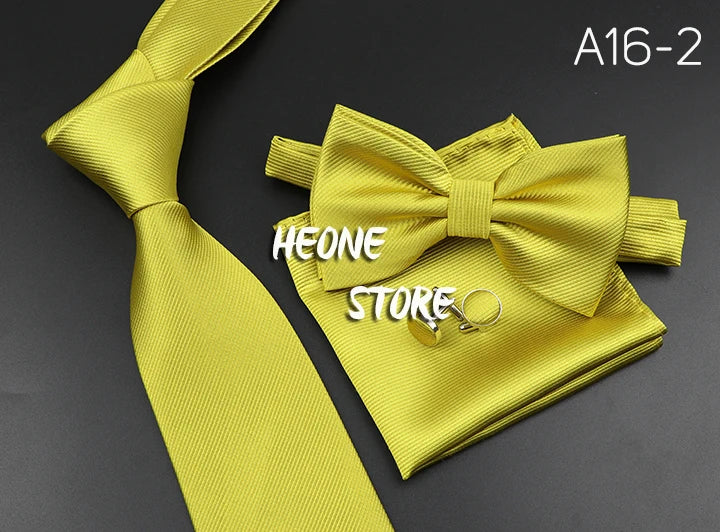 New Men's Tie Bowtie Set Luxury Business Worker Blue Black Solid Color Silk Polyester Jacquard Woven Necktie Suit Wedding Party
