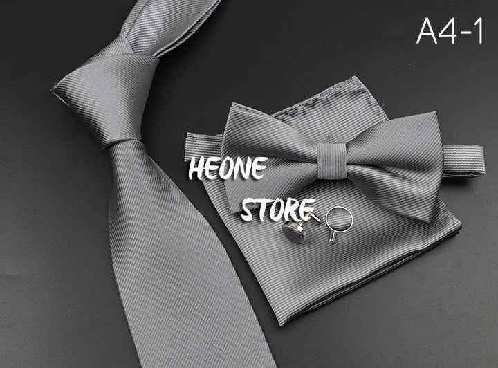 New Men's Tie Bowtie Set Luxury Business Worker Blue Black Solid Color Silk Polyester Jacquard Woven Necktie Suit Wedding Party