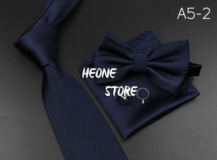 New Men's Tie Bowtie Set Luxury Business Worker Blue Black Solid Color Silk Polyester Jacquard Woven Necktie Suit Wedding Party