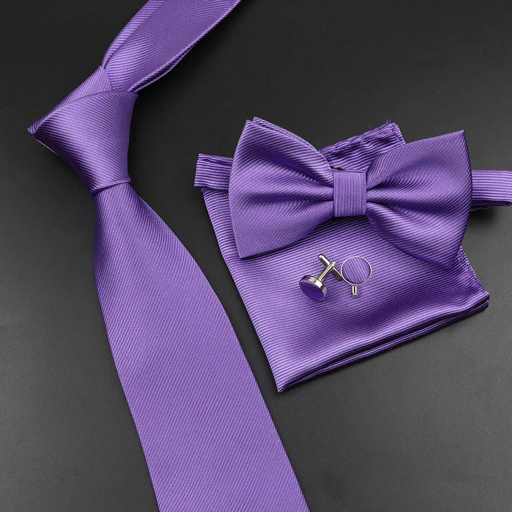 New Men's Tie Bowtie Set Luxury Business Worker Blue Black Solid Color Silk Polyester Jacquard Woven Necktie Suit Wedding Party