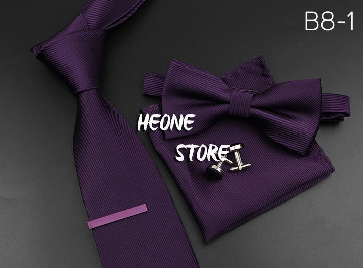 New Men's Tie Bowtie Set Luxury Business Worker Blue Black Solid Color Silk Polyester Jacquard Woven Necktie Suit Wedding Party