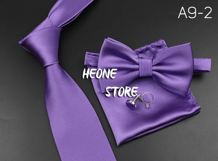 New Men's Tie Bowtie Set Luxury Business Worker Blue Black Solid Color Silk Polyester Jacquard Woven Necktie Suit Wedding Party