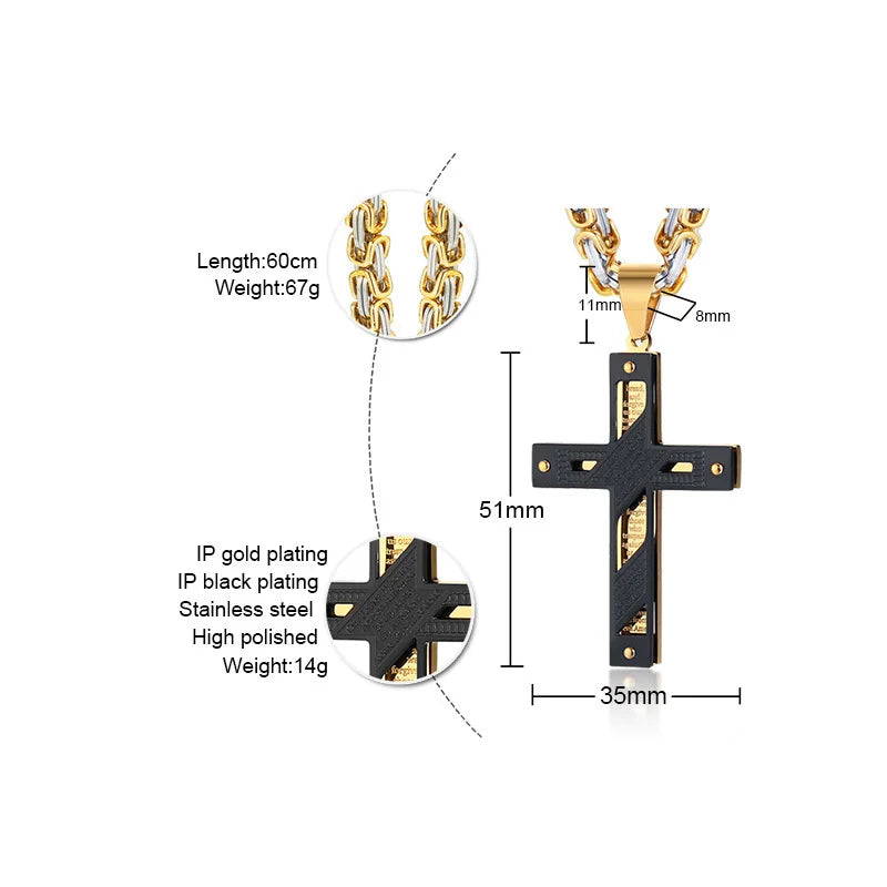 Crucifixo Cross Necklace Men Stainless Steel 24" Byzantine Chain Male Necklaces Pendants