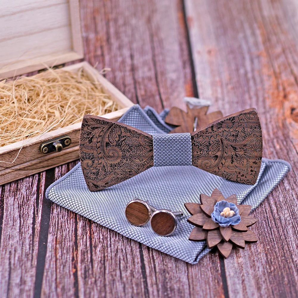 Formal Clasic Grey Tie for Men wedding wooden bow Tie Set Gift Hanky Cufflinks Set for Men Designer Fashion Silk Ties